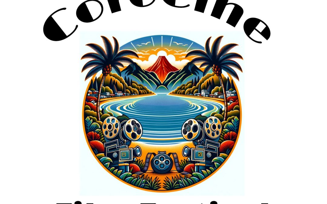 CoroCine logo with black font circling around an illustration of sea, palms and a type of lagoon in the middle