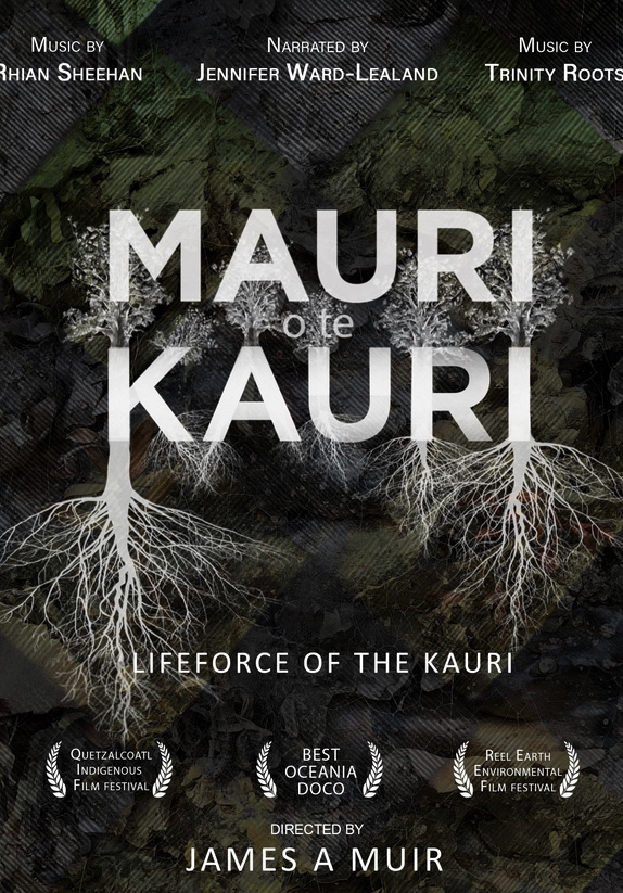 black and white movie poster showing bold words Mauri and Kauri with roots growing around them