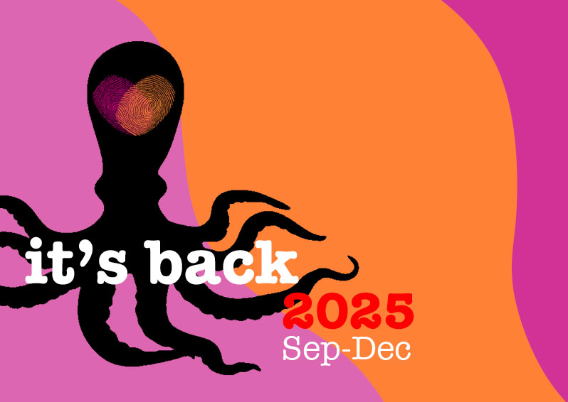 black silhouette of an octopus in front of bright ornage and pink background