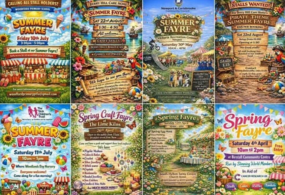 lots of almost identical posters for a 'spring fayre', AI generated