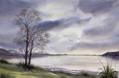 Watercolour painting of sky and water